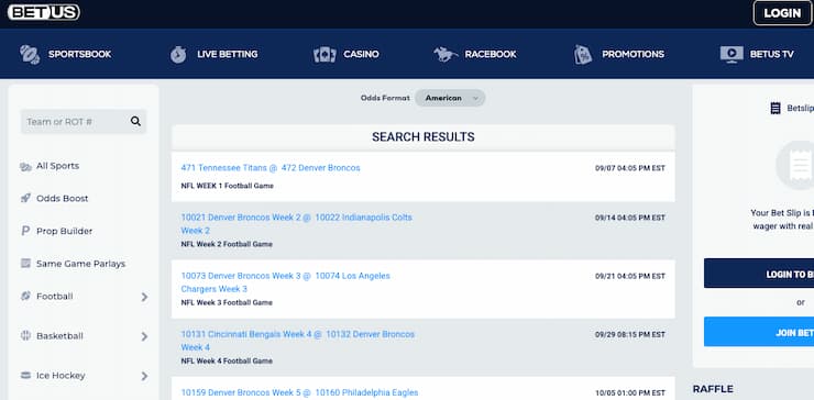 A view of the betting interface on BetUS, one of the best WY online sportsbooks.